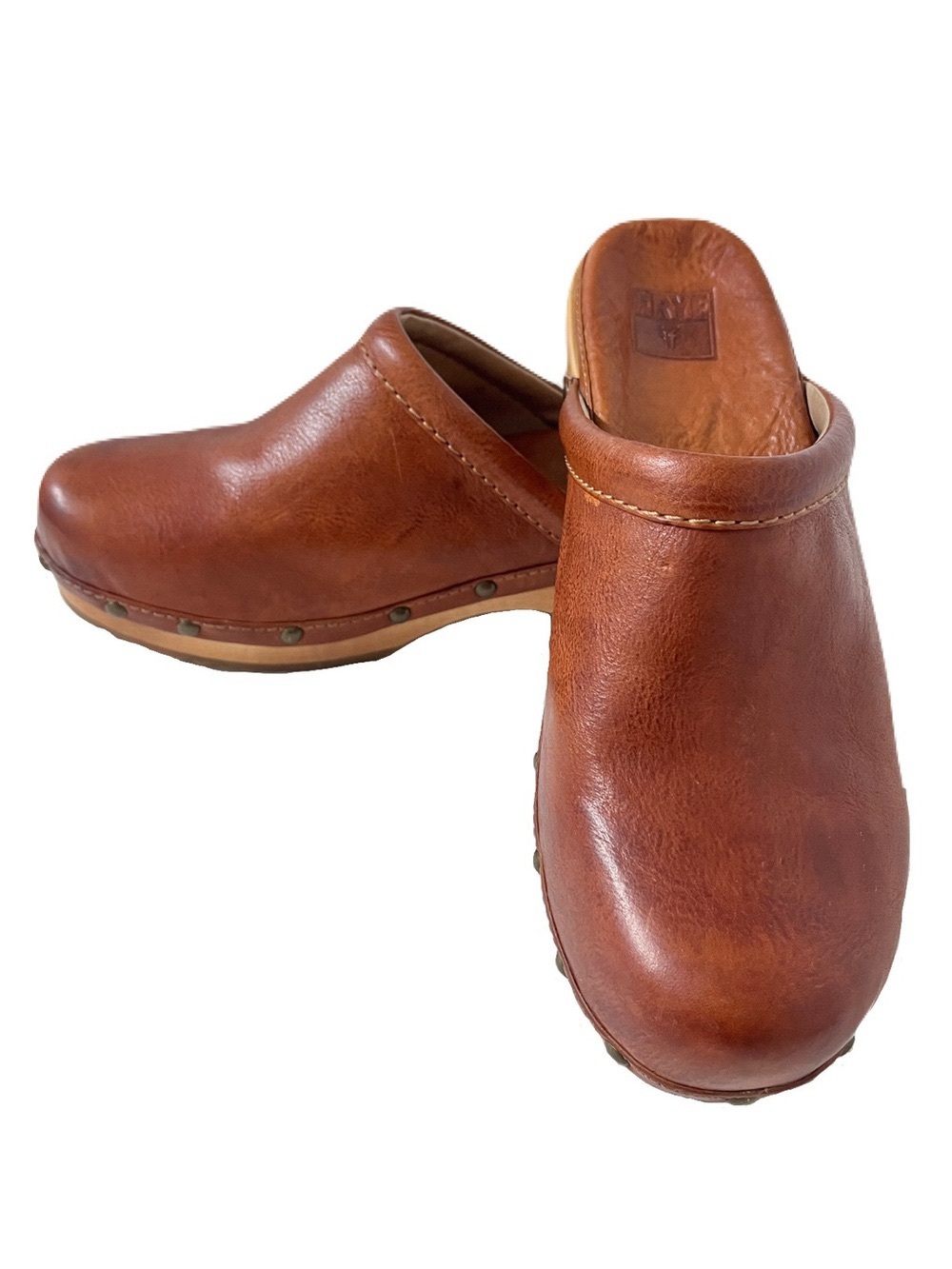 FRYE Clara Campus Clogs Leather Clogs Saddle Brown Dark Brown Wood Logo’d Wedge